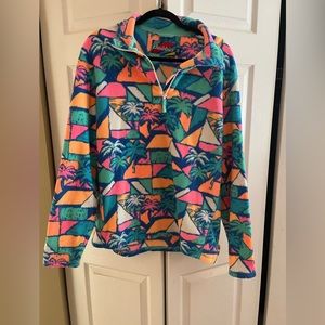 Like new, worn once. Fleece pullover half zip. pink, orange, blue, aqua, green